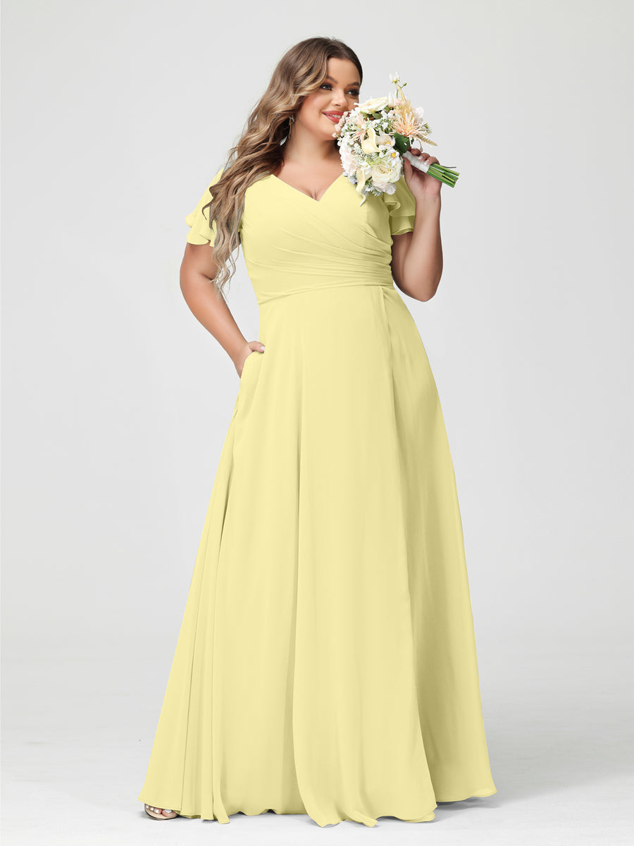 A-Line/Princess V-Neck Short Sleeves Chiffon Plus Size Bridesmaid Dresses with Pockets & Split Side