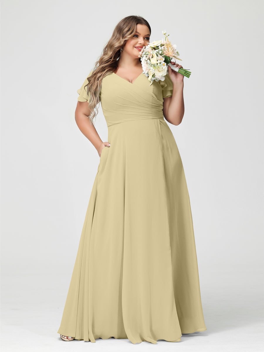A-Line/Princess V-Neck Short Sleeves Chiffon Plus Size Bridesmaid Dresses with Pockets & Split Side
