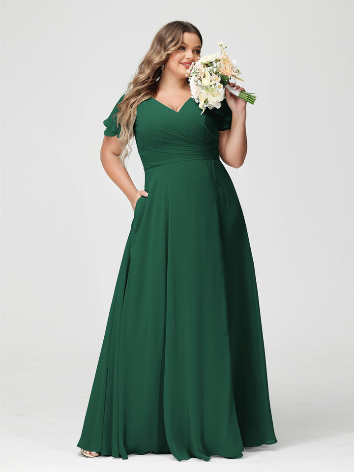 A-Line/Princess V-Neck Short Sleeves Chiffon Plus Size Bridesmaid Dresses with Pockets & Split Side
