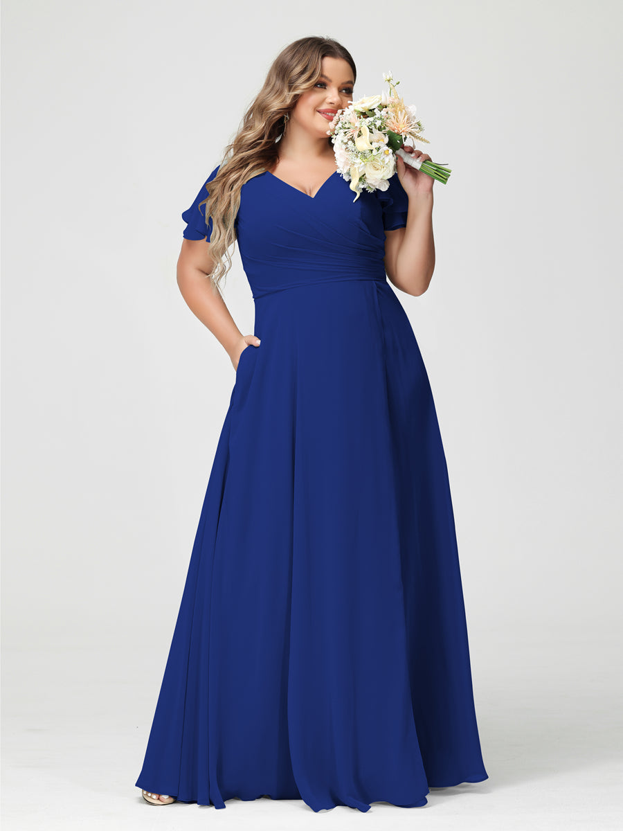 A-Line/Princess V-Neck Short Sleeves Chiffon Plus Size Bridesmaid Dresses with Pockets & Split Side