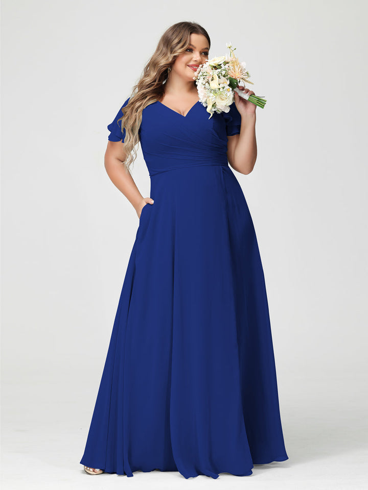 A-Line/Princess V-Neck Short Sleeves Chiffon Plus Size Bridesmaid Dresses with Pockets & Split Side