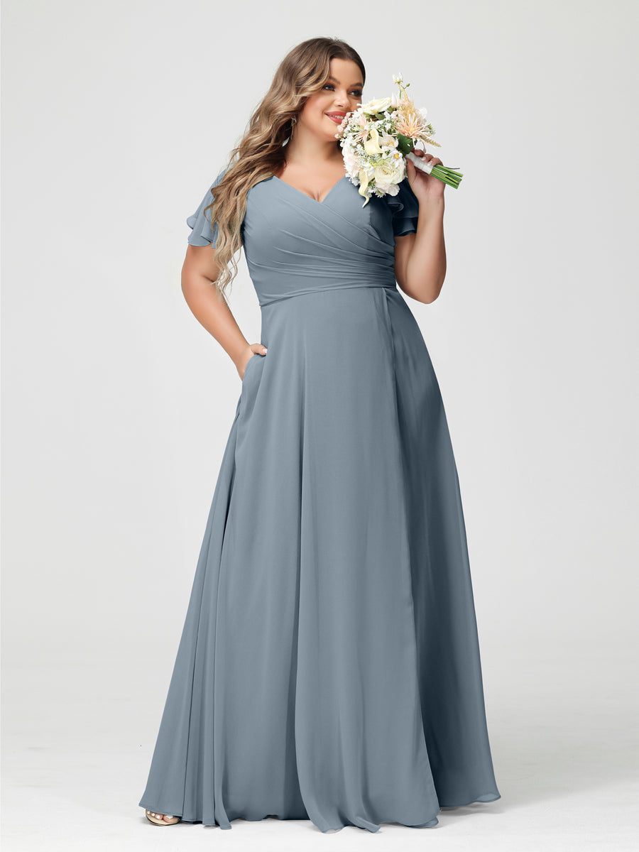 A-Line/Princess V-Neck Short Sleeves Chiffon Plus Size Bridesmaid Dresses with Pockets & Split Side