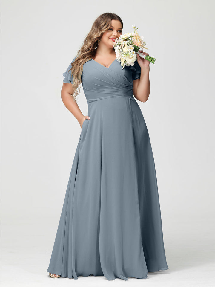 A-Line/Princess V-Neck Short Sleeves Chiffon Plus Size Bridesmaid Dresses with Pockets & Split Side
