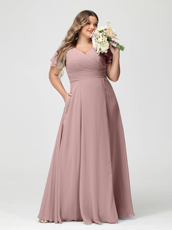 A-Line/Princess V-Neck Short Sleeves Chiffon Plus Size Bridesmaid Dresses with Pockets & Split Side