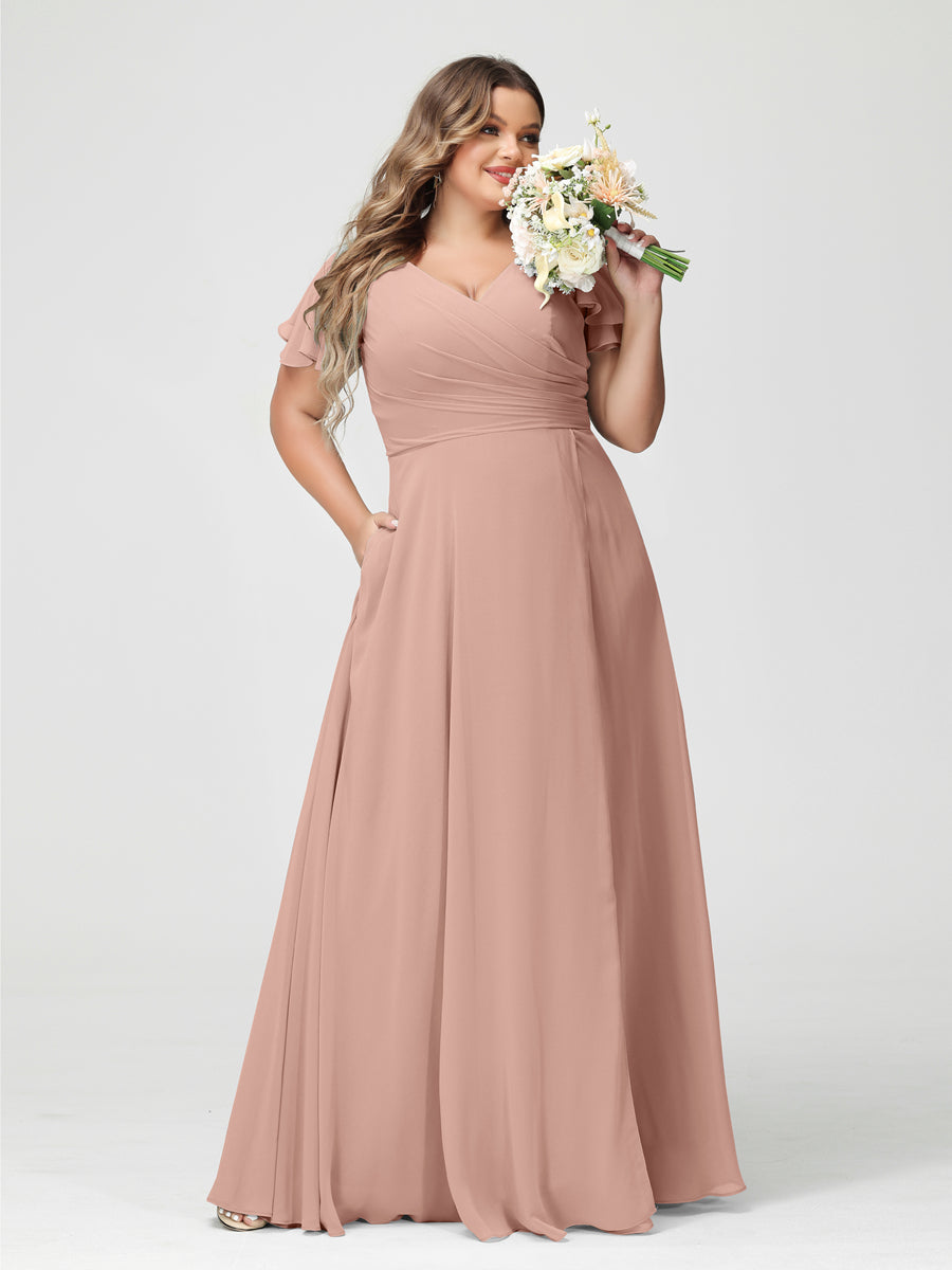 A-Line/Princess V-Neck Short Sleeves Chiffon Plus Size Bridesmaid Dresses with Pockets & Split Side
