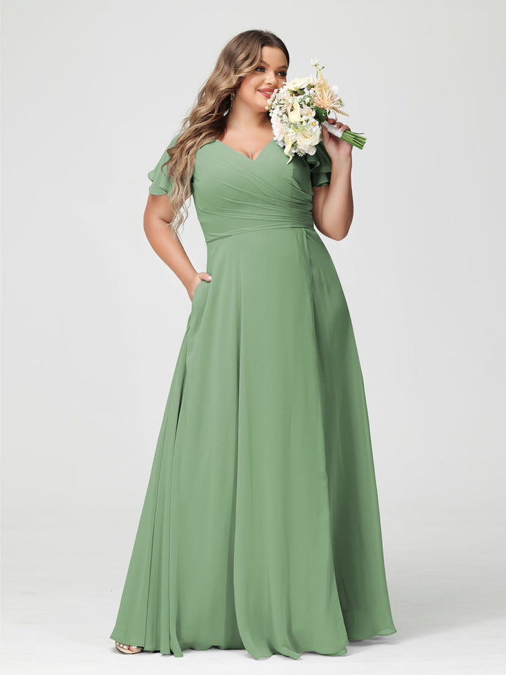 A-Line/Princess V-Neck Short Sleeves Chiffon Plus Size Bridesmaid Dresses with Pockets & Split Side