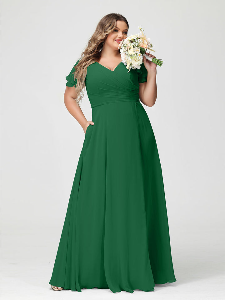 A-Line/Princess V-Neck Short Sleeves Chiffon Plus Size Bridesmaid Dresses with Pockets & Split Side