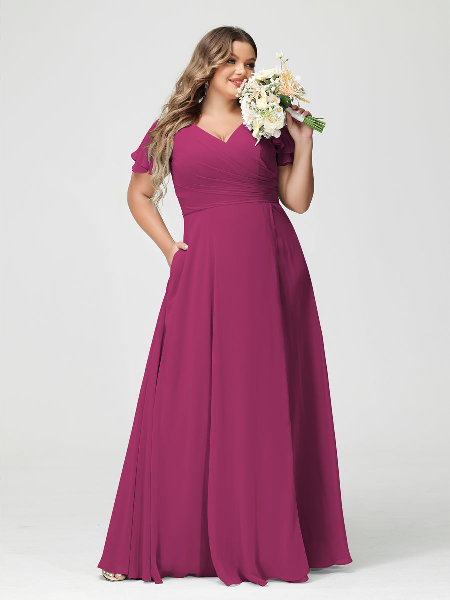 A-Line/Princess V-Neck Short Sleeves Chiffon Plus Size Bridesmaid Dresses with Pockets & Split Side