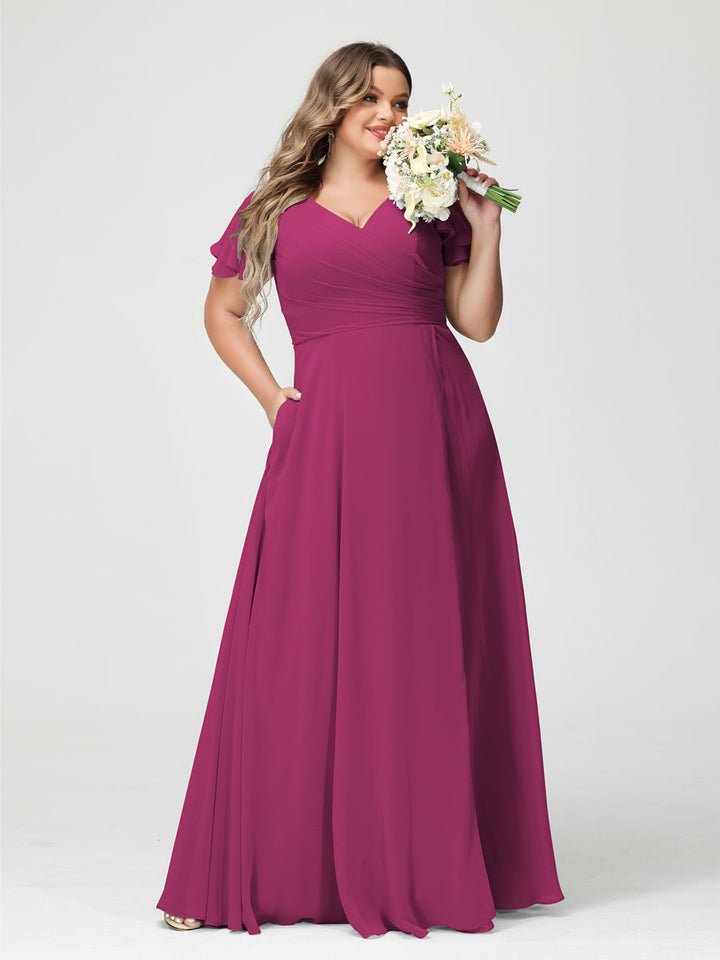 A-Line/Princess V-Neck Short Sleeves Chiffon Plus Size Bridesmaid Dresses with Pockets & Split Side