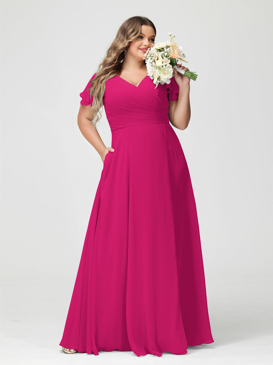A-Line/Princess V-Neck Short Sleeves Chiffon Plus Size Bridesmaid Dresses with Pockets & Split Side
