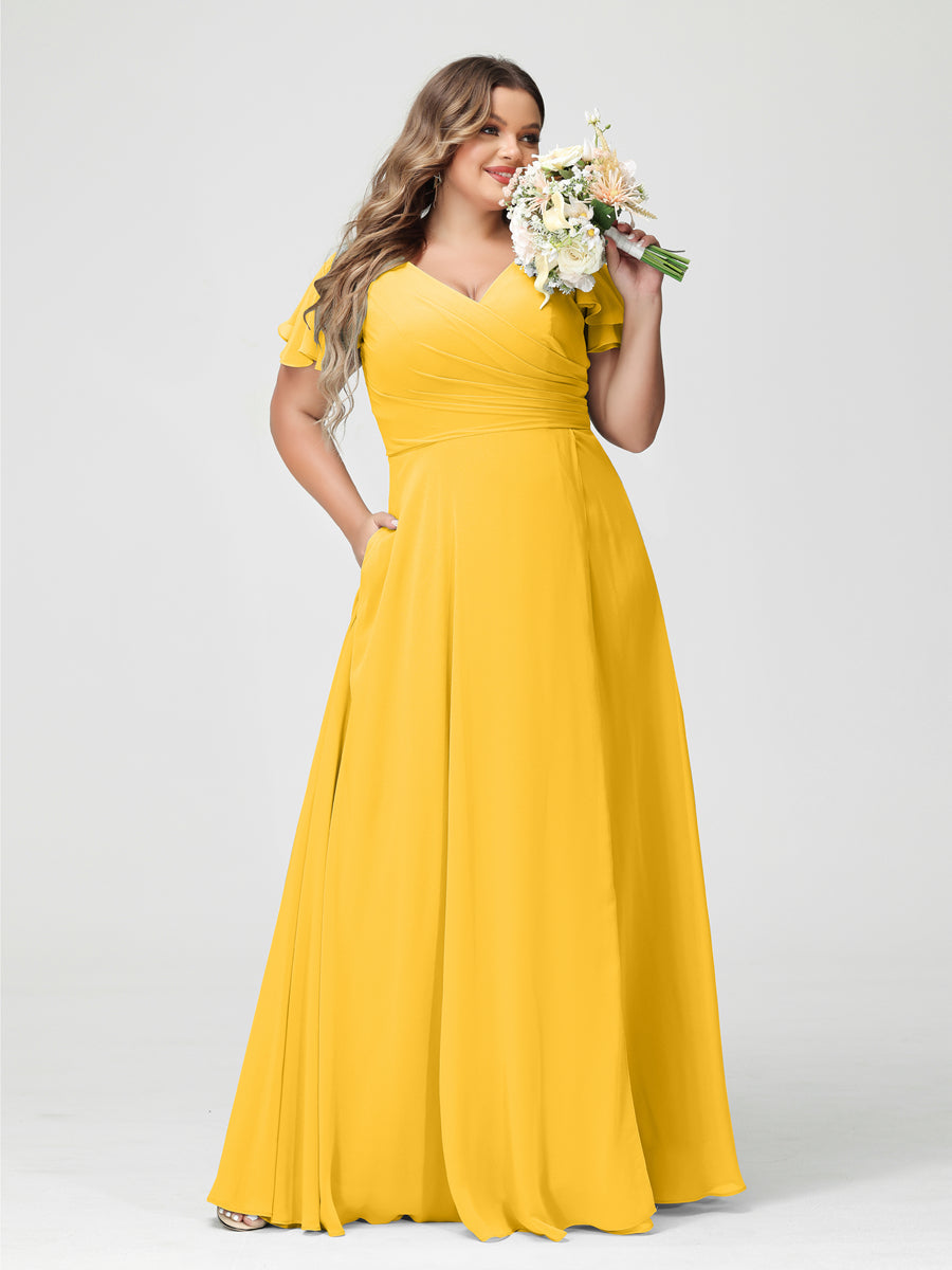 A-Line/Princess V-Neck Short Sleeves Chiffon Plus Size Bridesmaid Dresses with Pockets & Split Side