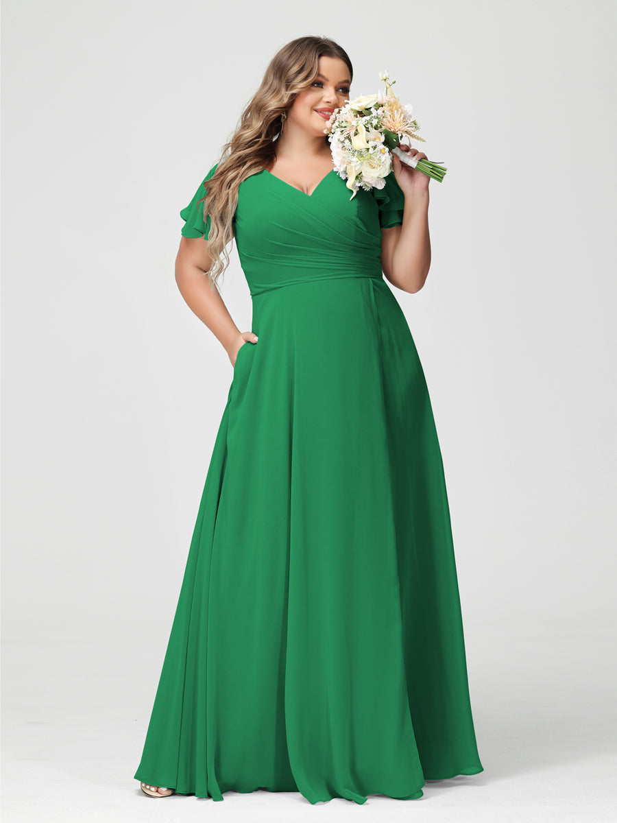 A-Line/Princess V-Neck Short Sleeves Chiffon Plus Size Bridesmaid Dresses with Pockets & Split Side