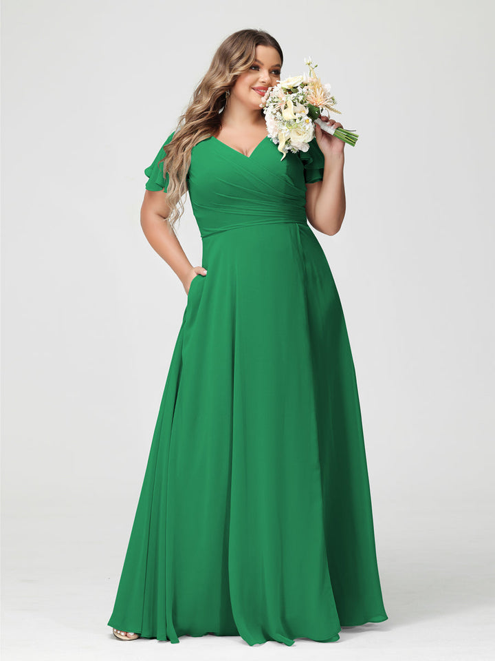 A-Line/Princess V-Neck Short Sleeves Chiffon Plus Size Bridesmaid Dresses with Pockets & Split Side