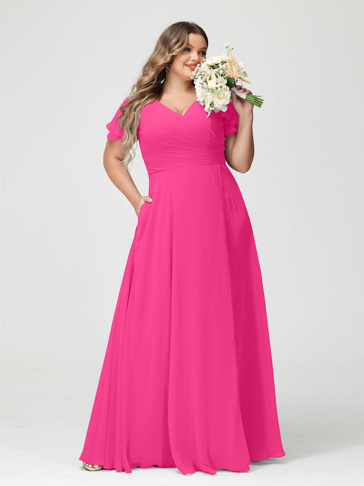 A-Line/Princess V-Neck Short Sleeves Chiffon Plus Size Bridesmaid Dresses with Pockets & Split Side
