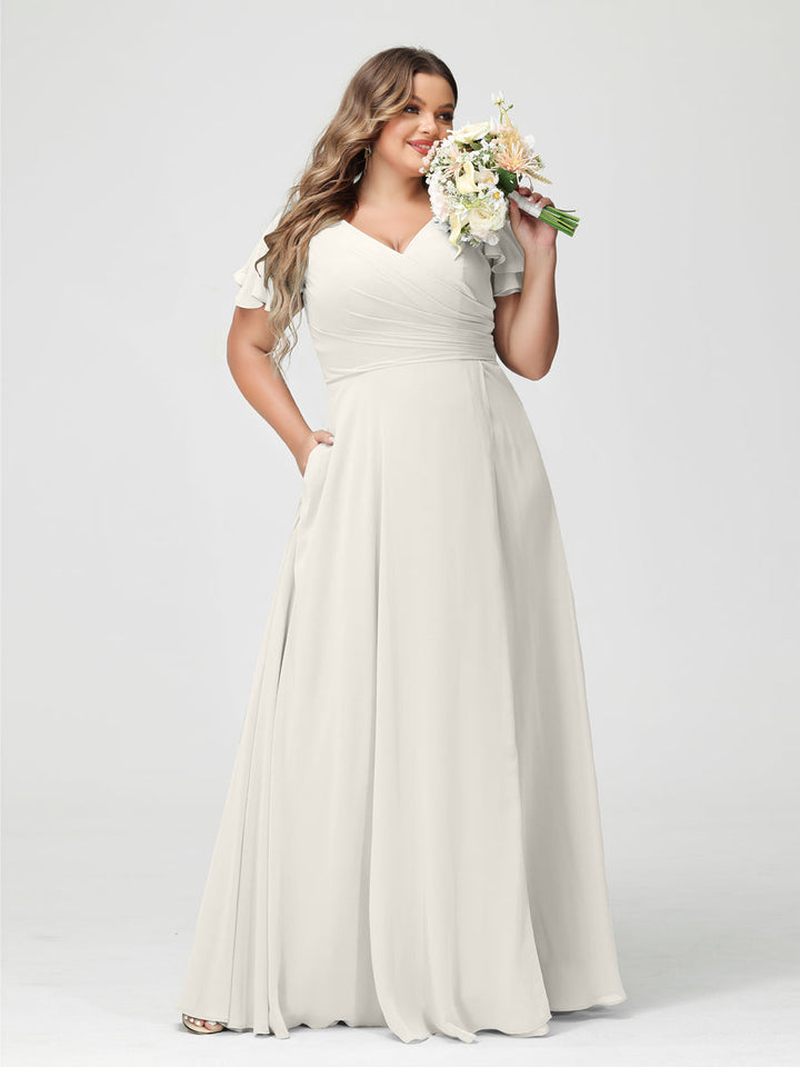 A-Line/Princess V-Neck Short Sleeves Chiffon Plus Size Bridesmaid Dresses with Pockets & Split Side