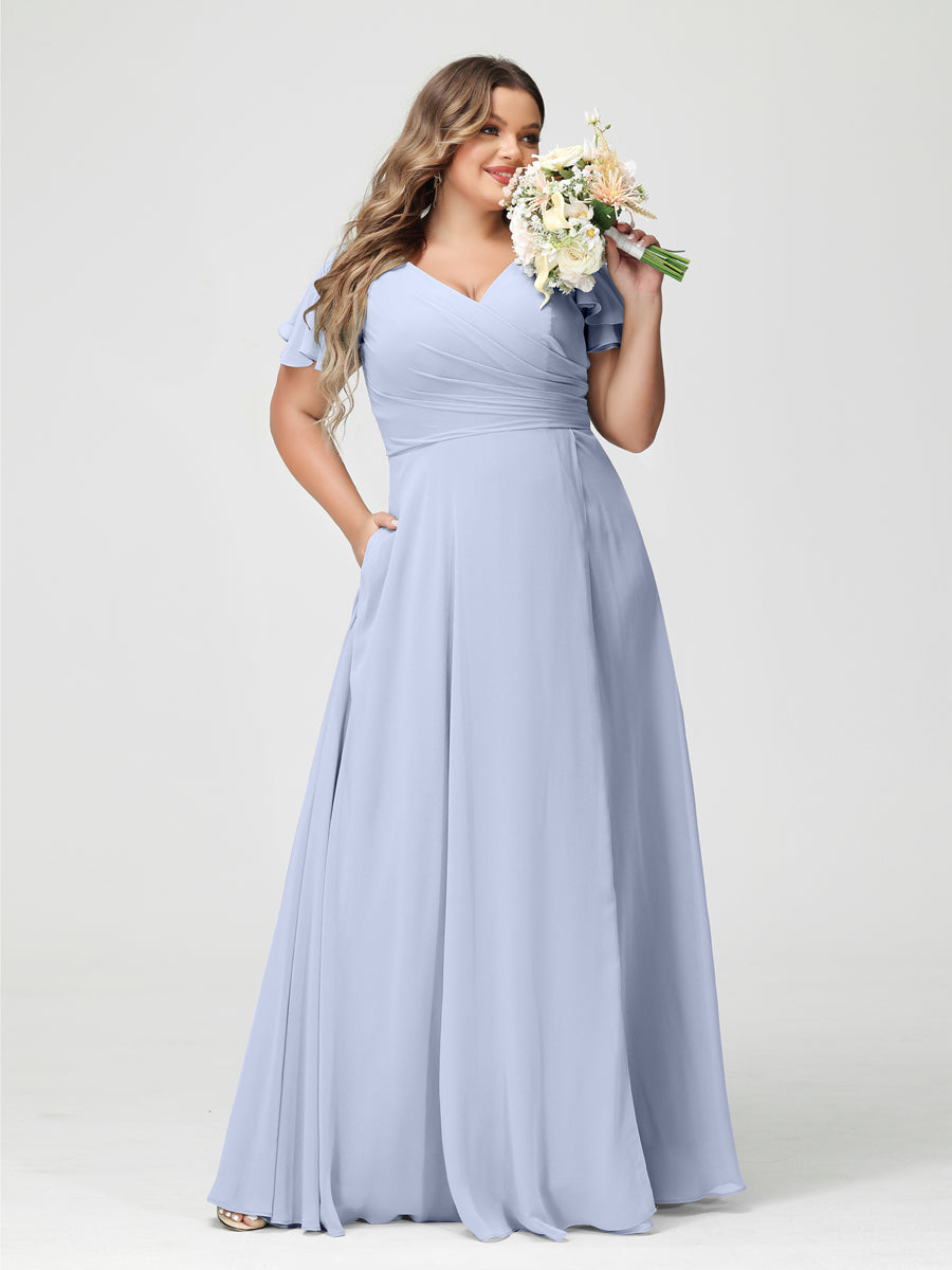 A-Line/Princess V-Neck Short Sleeves Chiffon Plus Size Bridesmaid Dresses with Pockets & Split Side
