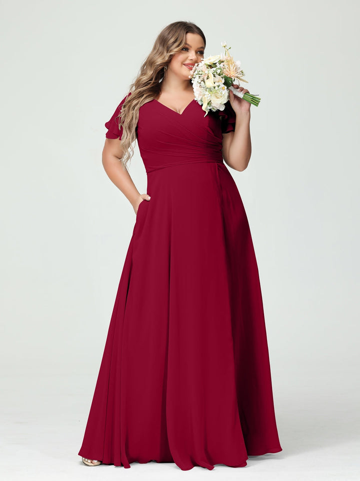 A-Line/Princess V-Neck Short Sleeves Chiffon Plus Size Bridesmaid Dresses with Pockets & Split Side