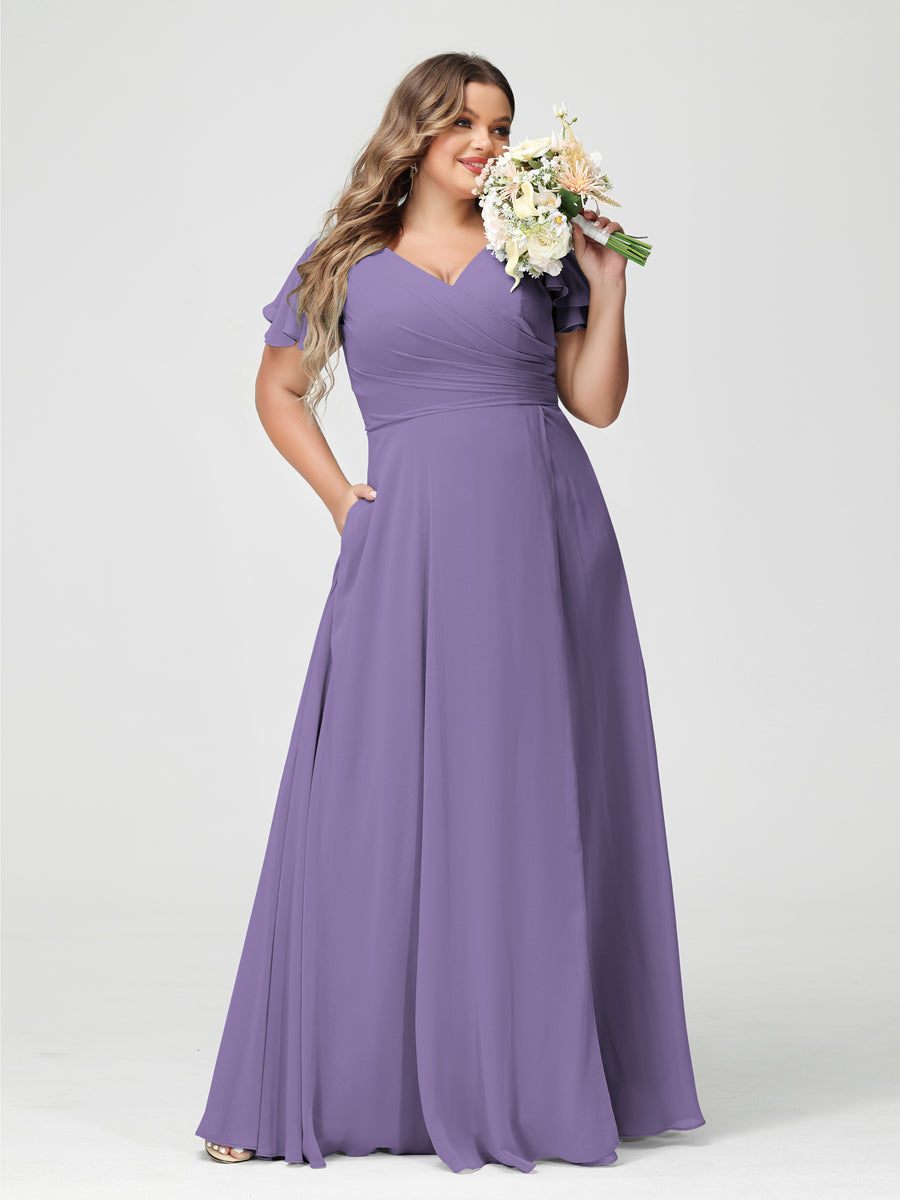 A-Line/Princess V-Neck Short Sleeves Chiffon Plus Size Bridesmaid Dresses with Pockets & Split Side