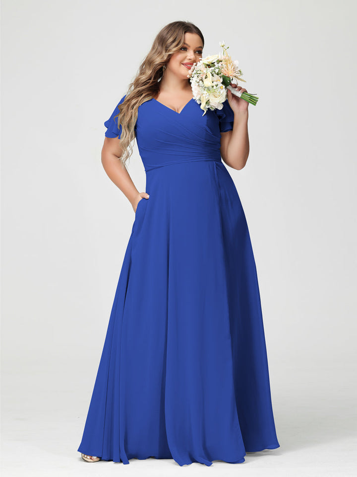 A-Line/Princess V-Neck Short Sleeves Chiffon Plus Size Bridesmaid Dresses with Pockets & Split Side