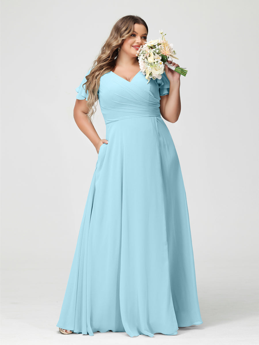 A-Line/Princess V-Neck Short Sleeves Chiffon Plus Size Bridesmaid Dresses with Pockets & Split Side