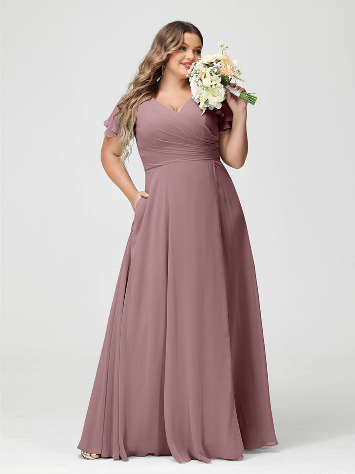 A-Line/Princess V-Neck Short Sleeves Chiffon Plus Size Bridesmaid Dresses with Pockets & Split Side