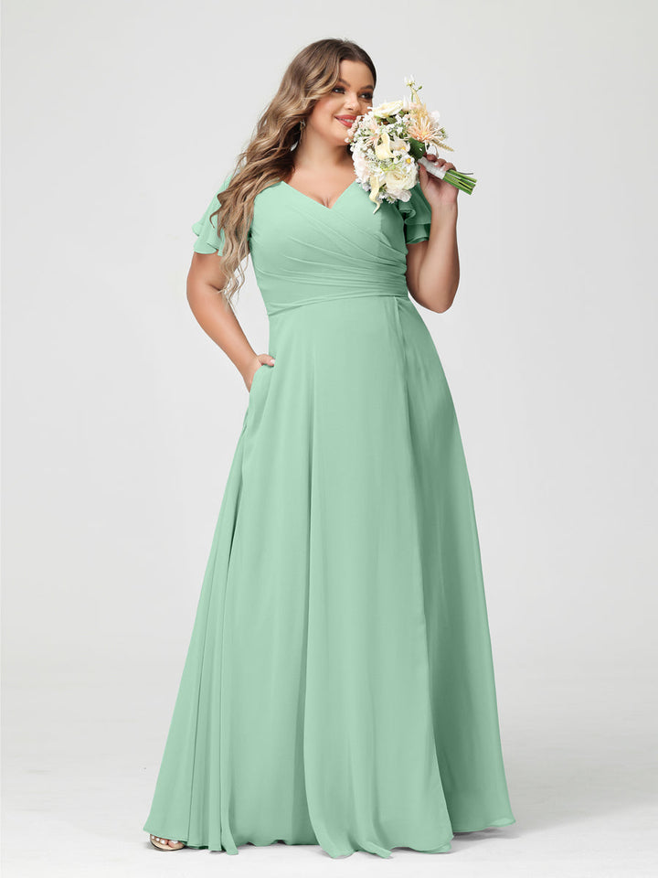 A-Line/Princess V-Neck Short Sleeves Chiffon Plus Size Bridesmaid Dresses with Pockets & Split Side