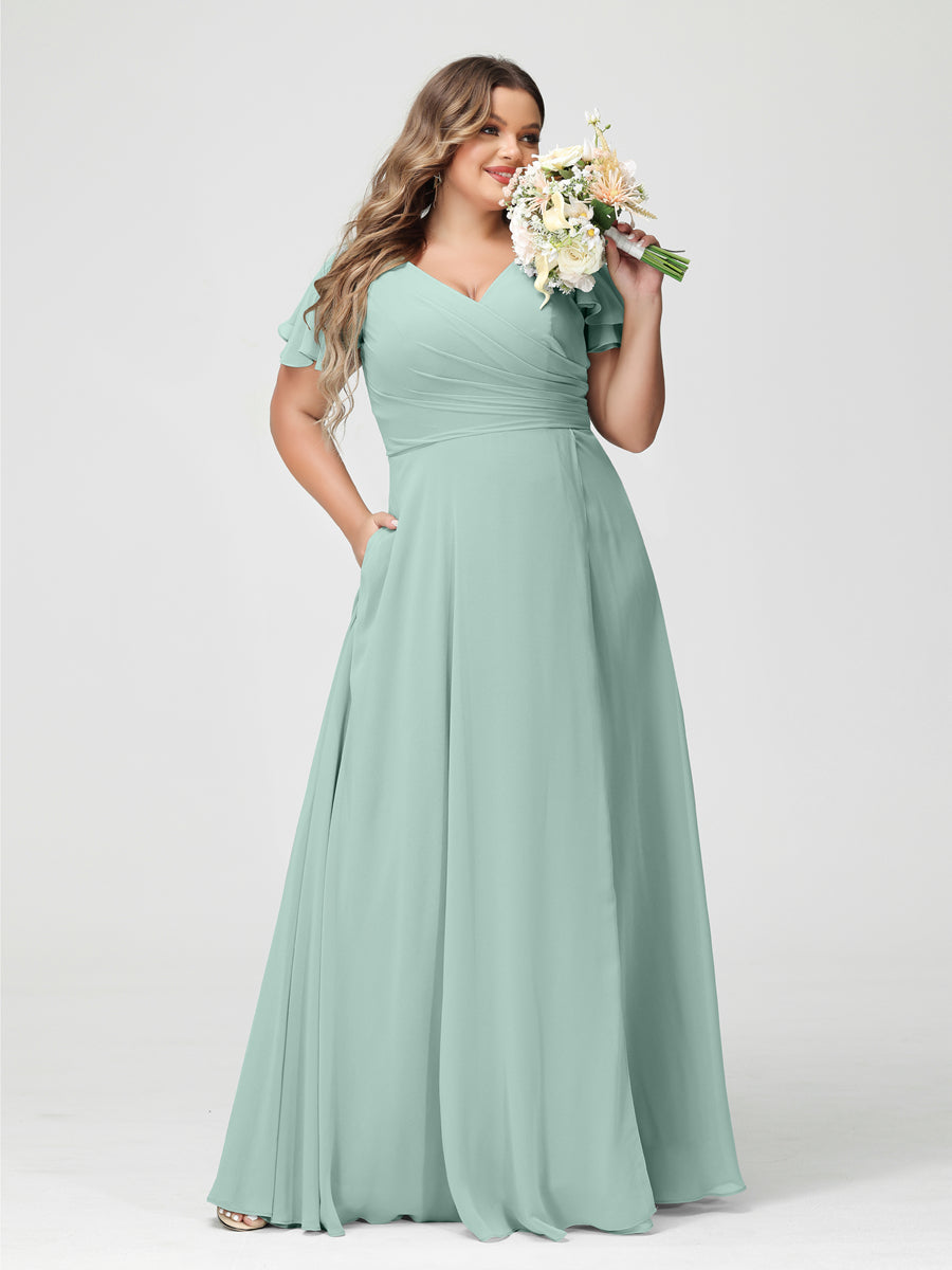 A-Line/Princess V-Neck Short Sleeves Chiffon Plus Size Bridesmaid Dresses with Pockets & Split Side
