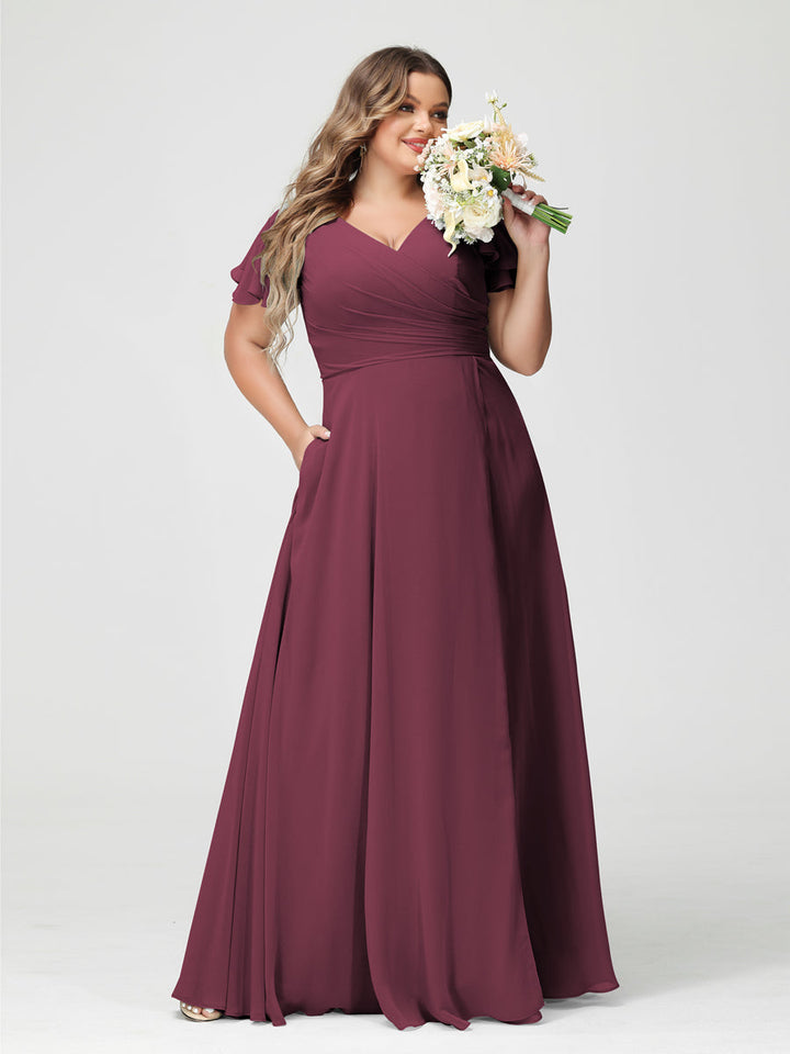 A-Line/Princess V-Neck Short Sleeves Chiffon Plus Size Bridesmaid Dresses with Pockets & Split Side