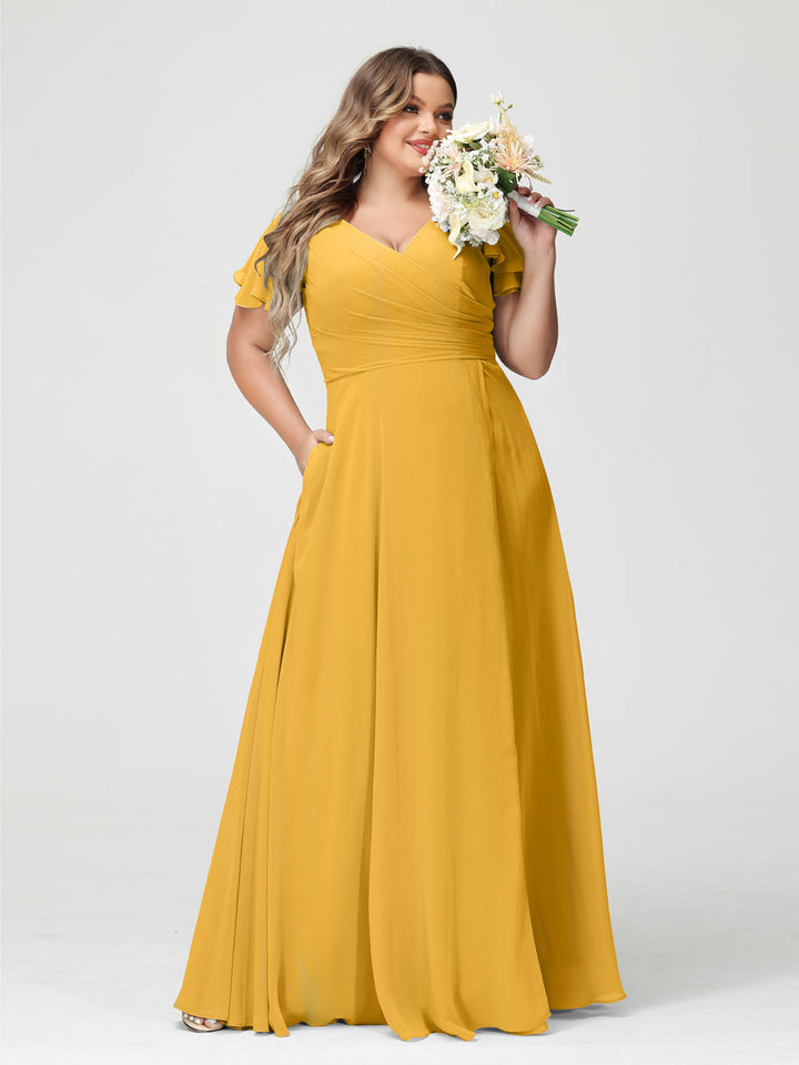 A-Line/Princess V-Neck Short Sleeves Chiffon Plus Size Bridesmaid Dresses with Pockets & Split Side