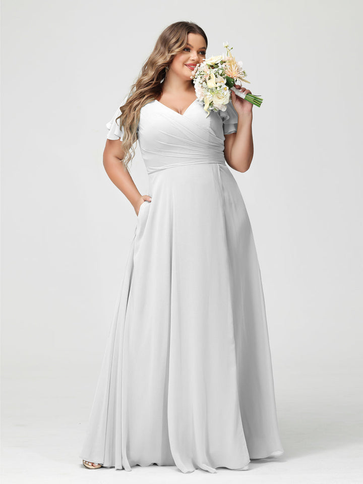A-Line/Princess V-Neck Short Sleeves Chiffon Plus Size Bridesmaid Dresses with Pockets & Split Side