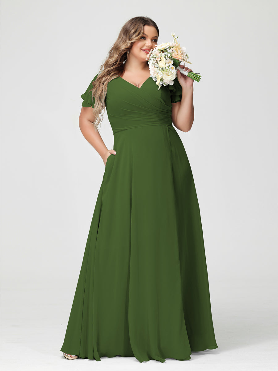 A-Line/Princess V-Neck Short Sleeves Chiffon Plus Size Bridesmaid Dresses with Pockets & Split Side