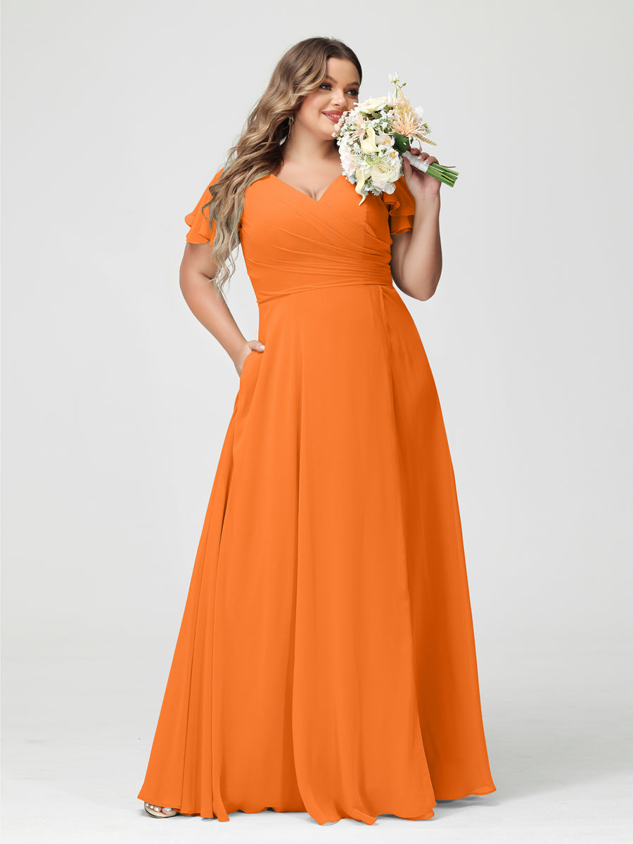 A-Line/Princess V-Neck Short Sleeves Chiffon Plus Size Bridesmaid Dresses with Pockets & Split Side
