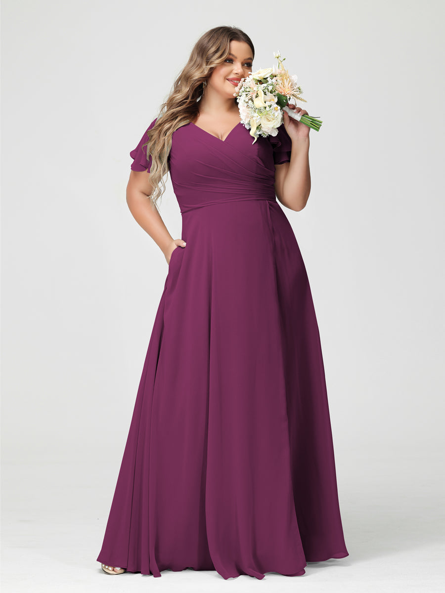 A-Line/Princess V-Neck Short Sleeves Chiffon Plus Size Bridesmaid Dresses with Pockets & Split Side