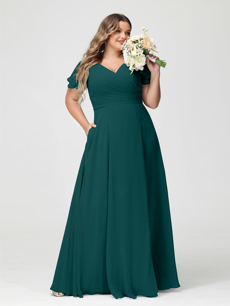 A-Line/Princess V-Neck Short Sleeves Chiffon Plus Size Bridesmaid Dresses with Pockets & Split Side