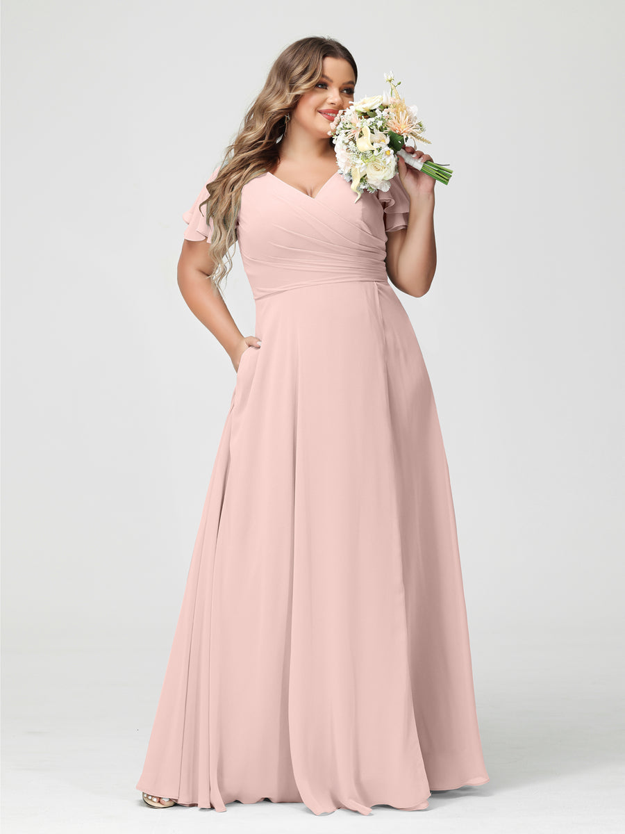 A-Line/Princess V-Neck Short Sleeves Chiffon Plus Size Bridesmaid Dresses with Pockets & Split Side