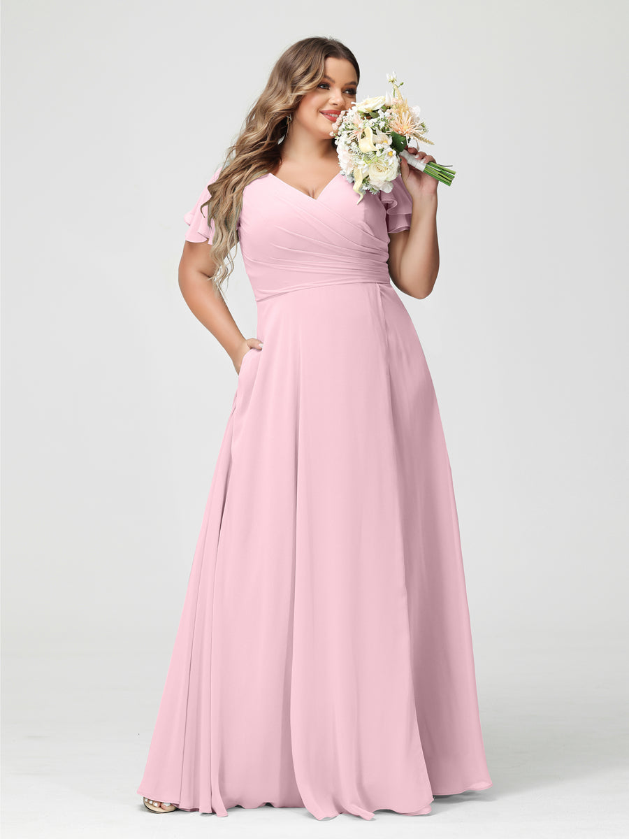 A-Line/Princess V-Neck Short Sleeves Chiffon Plus Size Bridesmaid Dresses with Pockets & Split Side