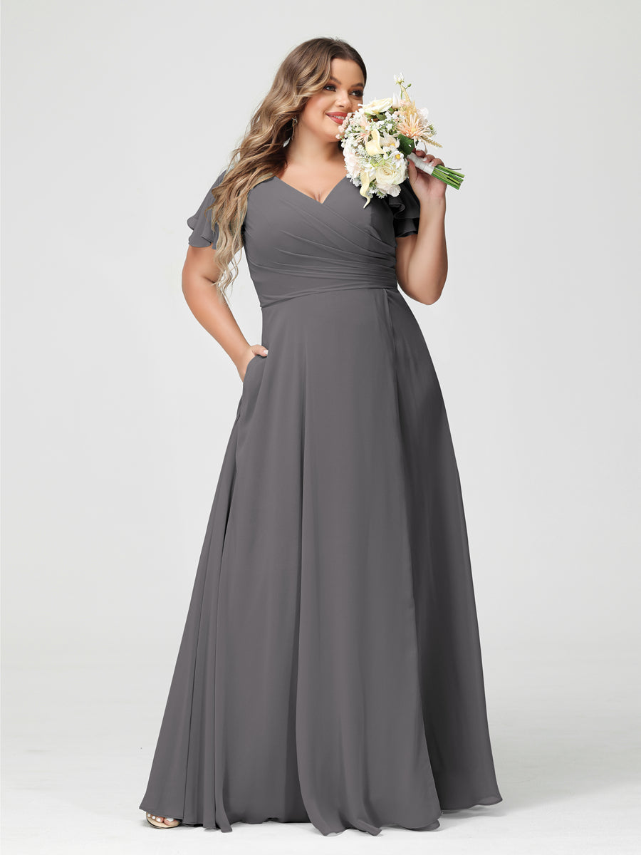 A-Line/Princess V-Neck Short Sleeves Chiffon Plus Size Bridesmaid Dresses with Pockets & Split Side