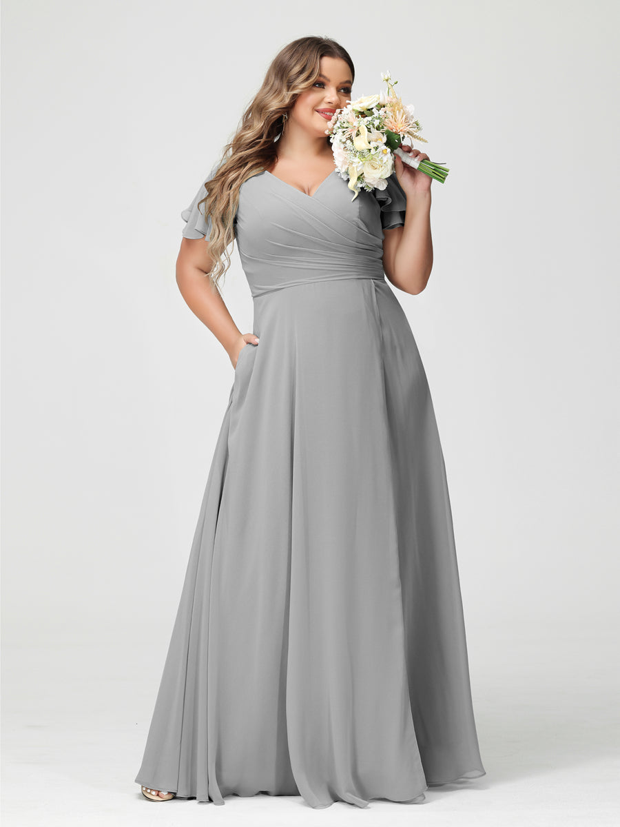 A-Line/Princess V-Neck Short Sleeves Chiffon Plus Size Bridesmaid Dresses with Pockets & Split Side