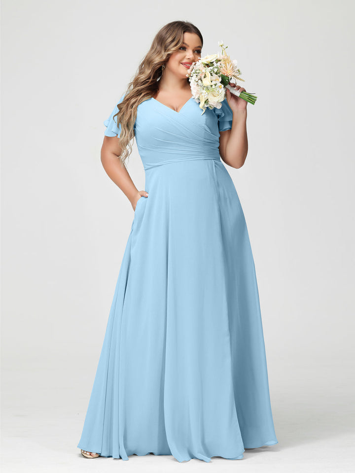 A-Line/Princess V-Neck Short Sleeves Chiffon Plus Size Bridesmaid Dresses with Pockets & Split Side