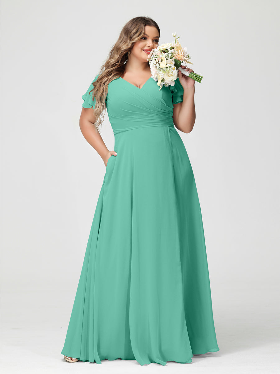 A-Line/Princess V-Neck Short Sleeves Chiffon Plus Size Bridesmaid Dresses with Pockets & Split Side