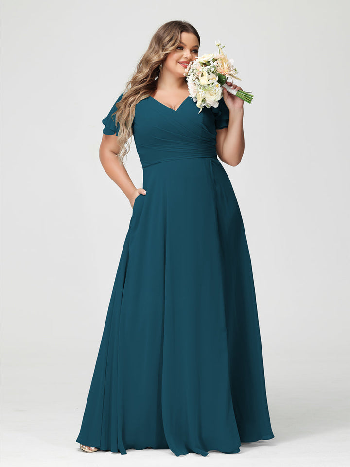 A-Line/Princess V-Neck Short Sleeves Chiffon Plus Size Bridesmaid Dresses with Pockets & Split Side