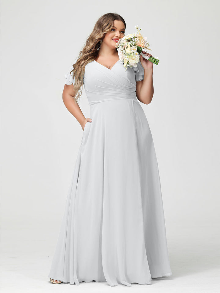 A-Line/Princess V-Neck Short Sleeves Chiffon Plus Size Bridesmaid Dresses with Pockets & Split Side