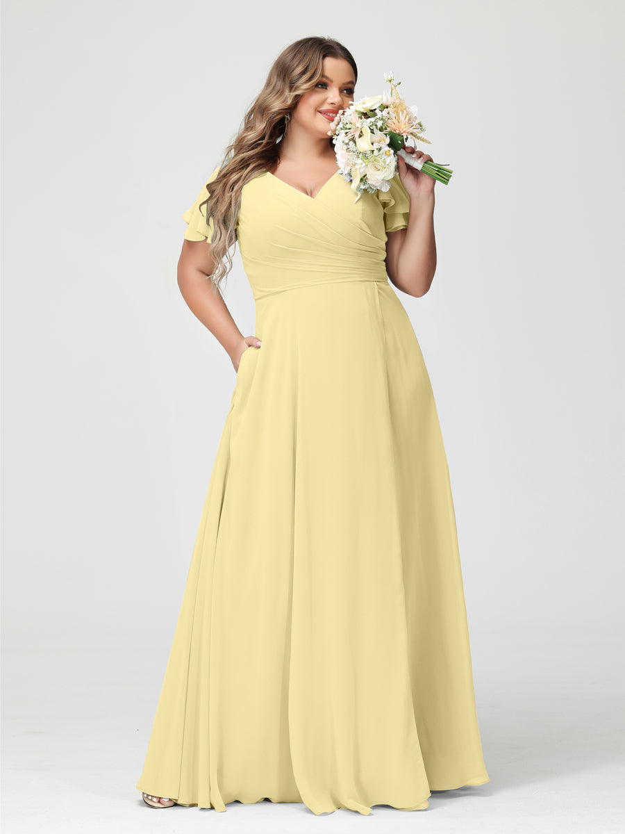 A-Line/Princess V-Neck Short Sleeves Chiffon Plus Size Bridesmaid Dresses with Pockets & Split Side