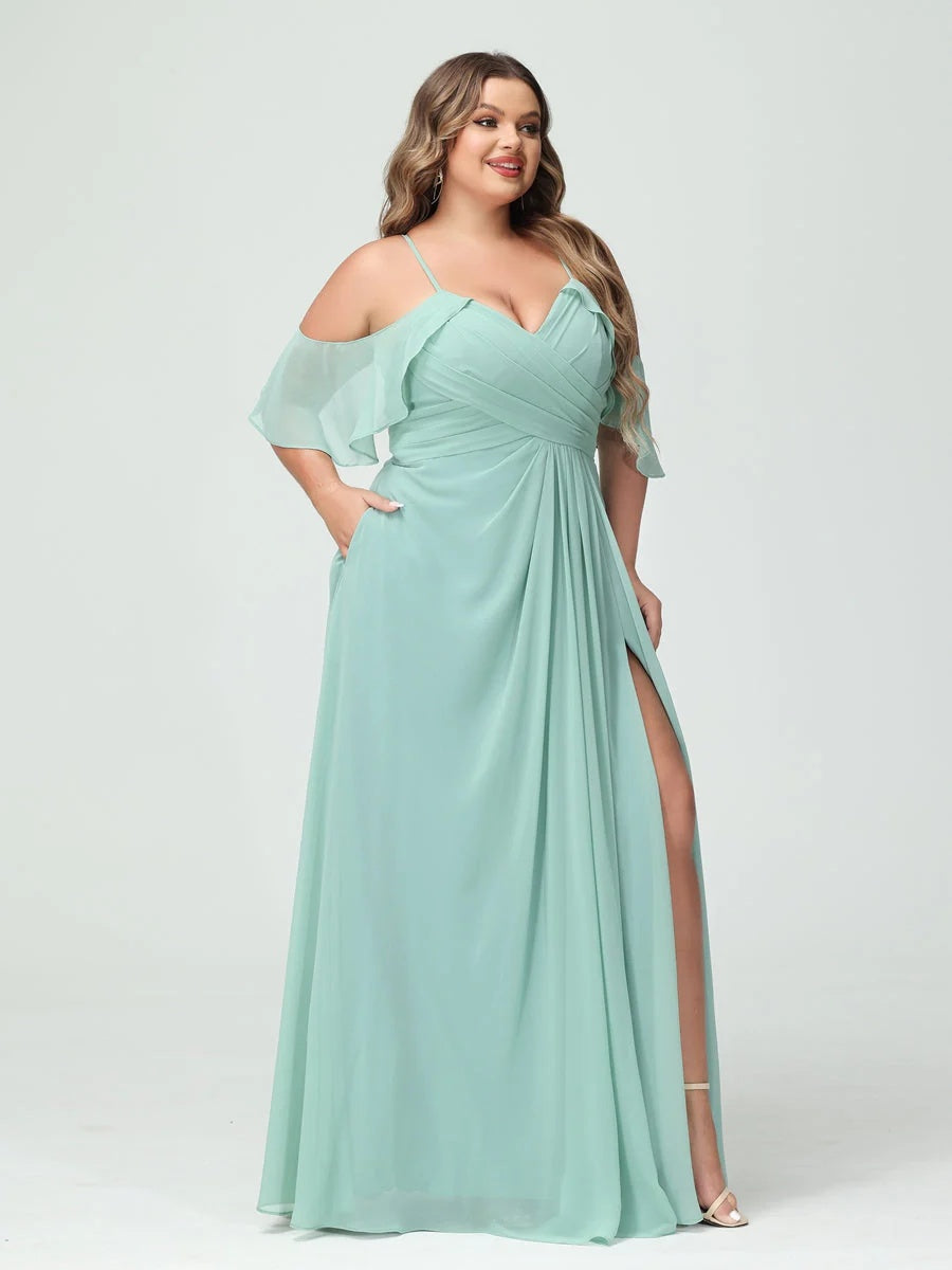 A-Line/Princess Spaghetti Straps Short Sleeves Chiffon Plus Size Bridesmaid Dresses with Pockets,Ruched Split Side