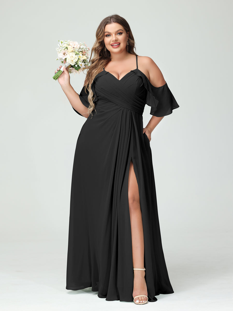 A-Line/Princess Spaghetti Straps Short Sleeves Chiffon Plus Size Bridesmaid Dresses with Pockets,Ruched Split Side