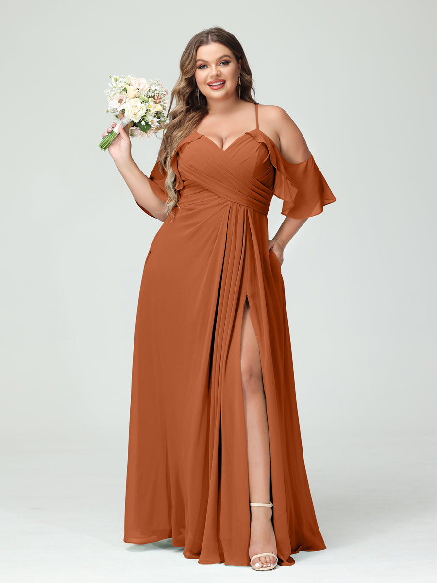A-Line/Princess Spaghetti Straps Short Sleeves Chiffon Plus Size Bridesmaid Dresses with Pockets,Ruched Split Side