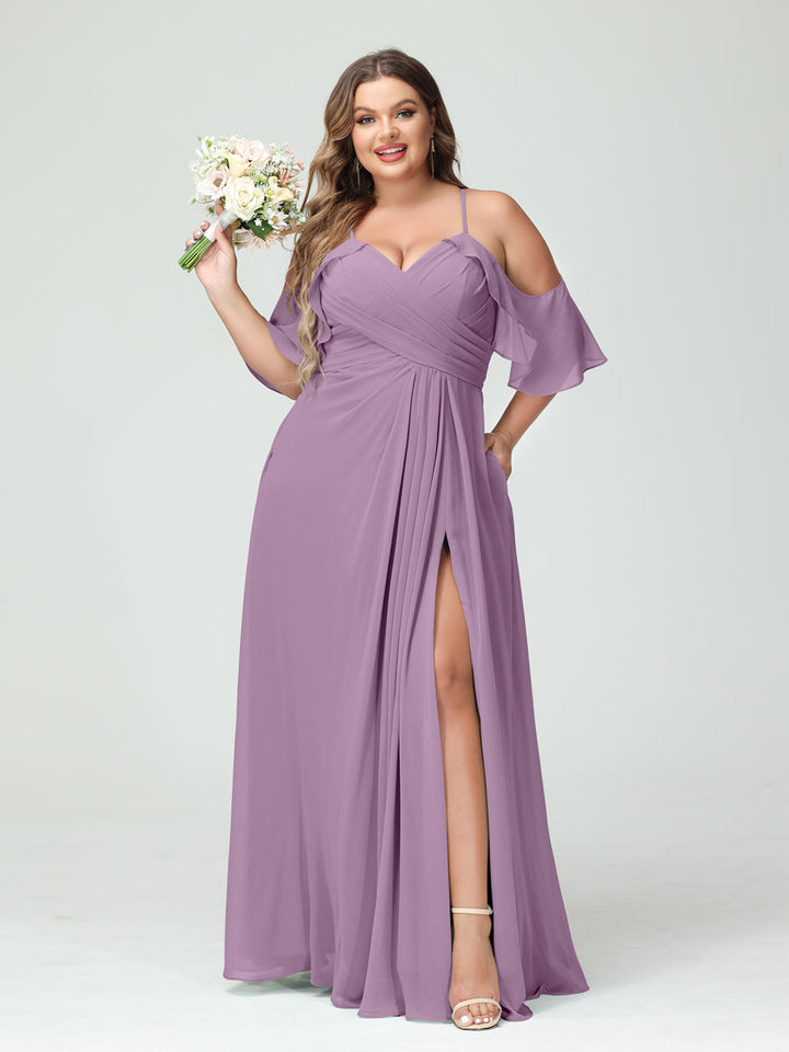 A-Line/Princess Spaghetti Straps Short Sleeves Chiffon Plus Size Bridesmaid Dresses with Pockets,Ruched Split Side