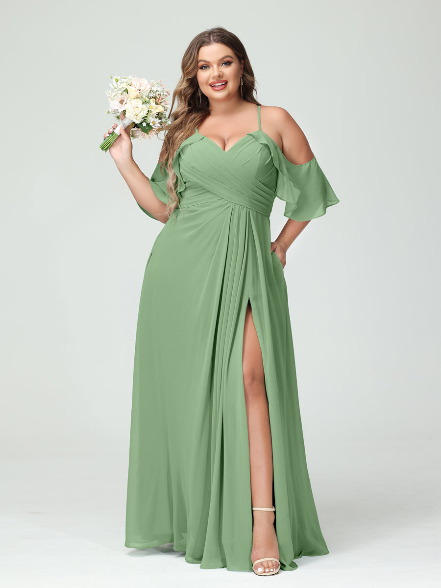 A-Line/Princess Spaghetti Straps Short Sleeves Chiffon Plus Size Bridesmaid Dresses with Pockets,Ruched Split Side