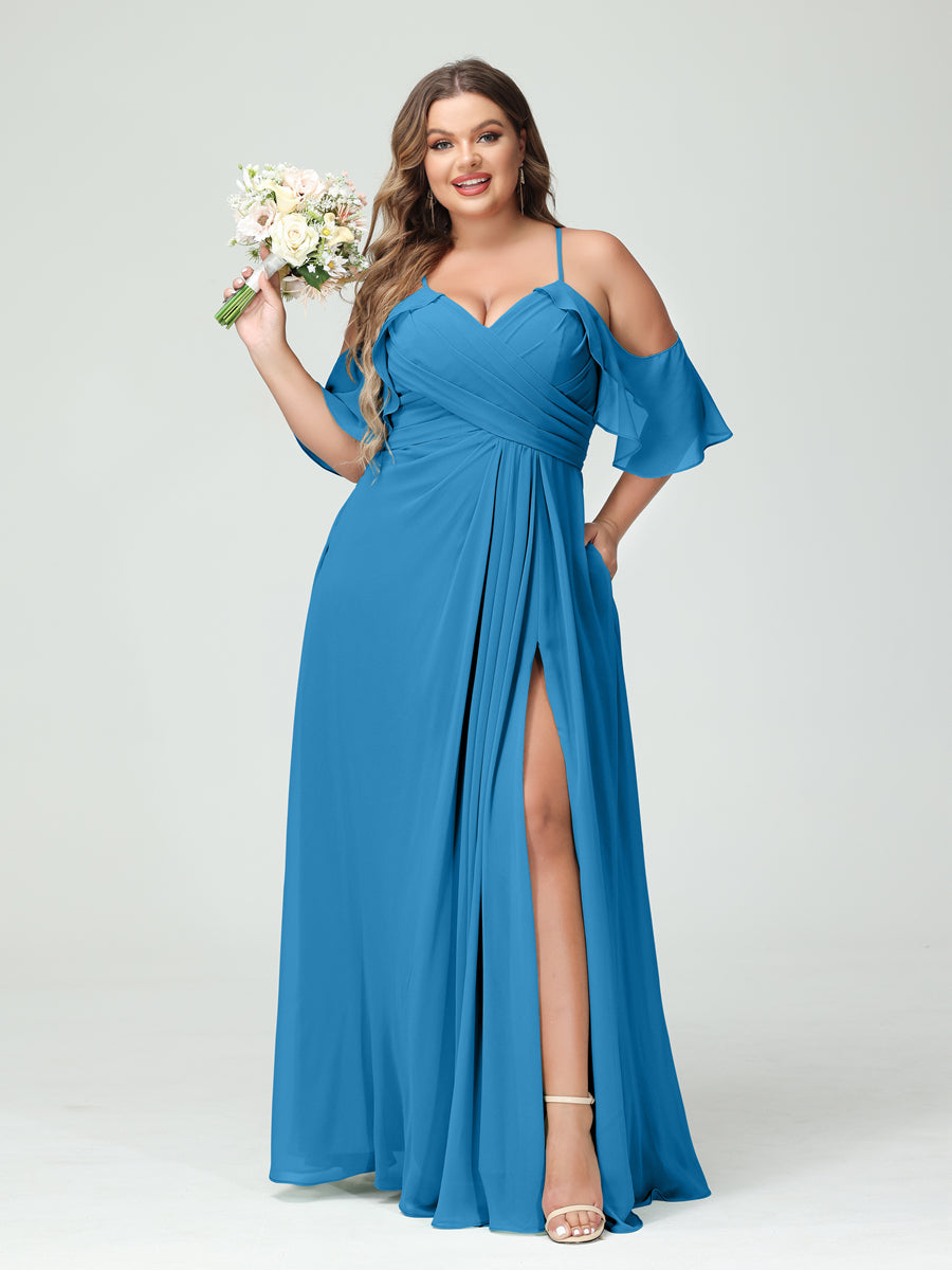 A-Line/Princess Spaghetti Straps Short Sleeves Chiffon Plus Size Bridesmaid Dresses with Pockets,Ruched Split Side