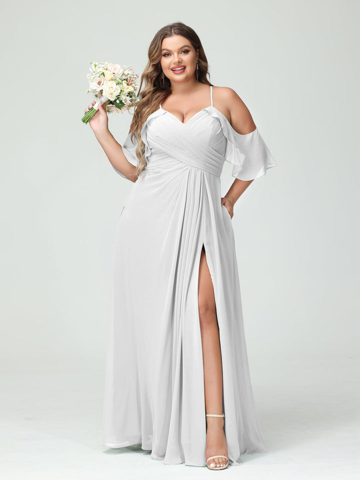 A-Line/Princess Spaghetti Straps Short Sleeves Chiffon Plus Size Bridesmaid Dresses with Pockets,Ruched Split Side